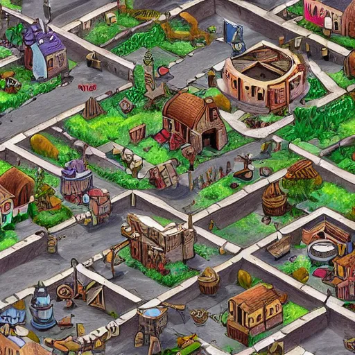 Image similar to a drawing of a little town from the game d & d, artstation, 3 d isometric, highly detailed