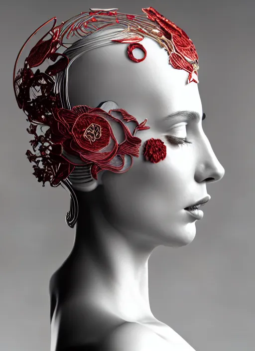 Image similar to complex 3d render ultra detailed of a beautiful porcelain profile young woman face, mechanical cyborg, 200 mm lens cinematic lights, beautiful studio soft light, rim light, silver gold red details, magnolia big leaves and stems, roots, fine foliage lace, mesh wire, Alexander Mcqueen high fashion haute couture, luxurious, art nouveau fashion embroidered, intricate details, hyper realistic, ultra detailed, mandelbrot fractal, anatomical, facial muscles, cable wires, microchip, elegant, octane render, H.R. Giger style, 8k post-production