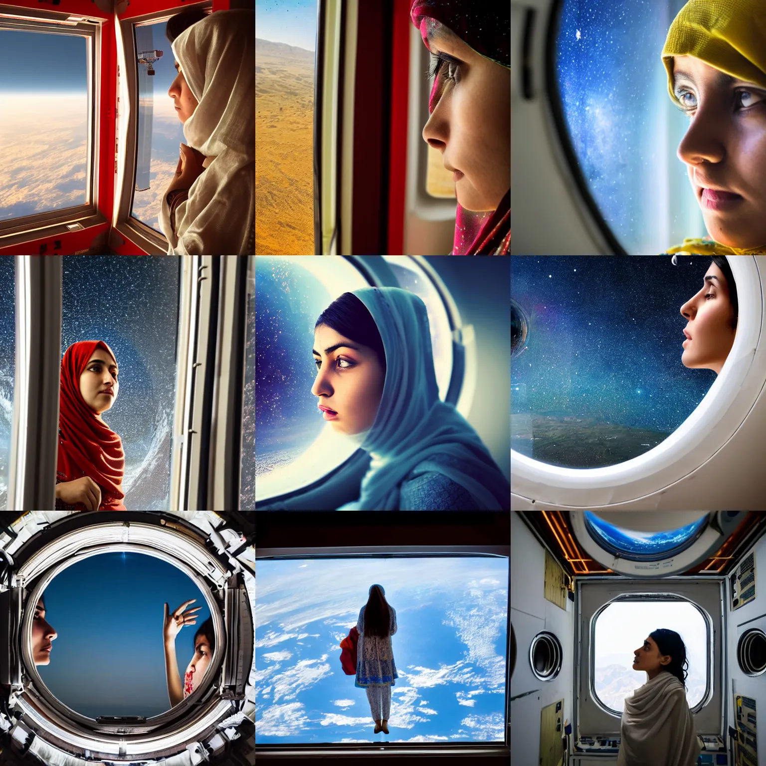 Prompt: a young afghan woman looking out of a space station window, a microscopic photo by stefan lochner, shutterstock contest winner, space art, sense of awe, uhd image, creative commons attribution