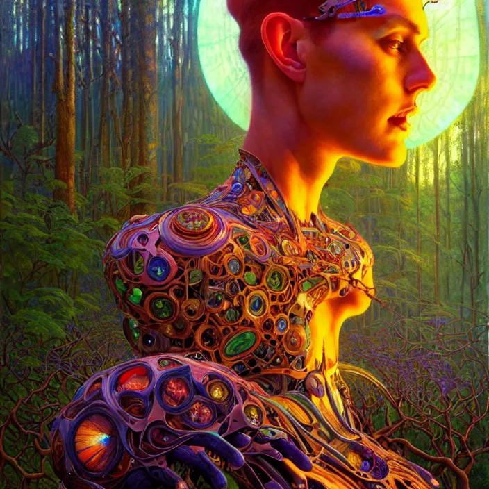 Image similar to bright psychedelic portrait of giant organic cyborg over an ancient forest, diffuse lighting, fantasy, intricate, elegant, highly detailed, lifelike, photorealistic, digital painting, artstation, illustration, concept art, smooth, sharp focus, art by John Collier and Albert Aublet and Krenz Cushart and Artem Demura and Alphonse Mucha