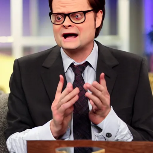 Image similar to dwight schrute pretending to be larry king