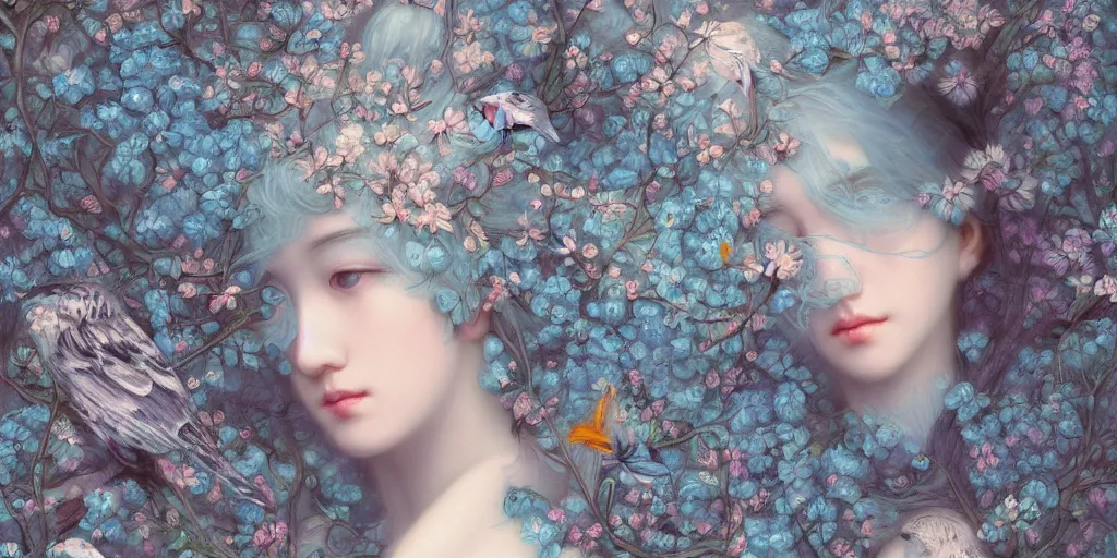 Image similar to breathtaking detailed concept art painting pattern of faces goddesses of light blue flowers with anxious piercing eyes and blend of flowers and birds, by hsiao - ron cheng and john james audubon, bizarre compositions, exquisite detail, extremely moody lighting, 8 k