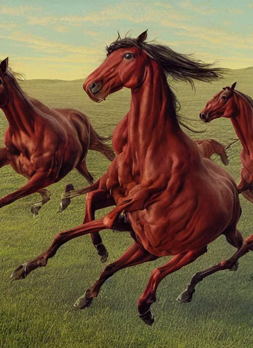 Image similar to three horses running in a field, by wayne barlowe,