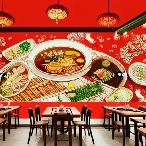 Image similar to a beautiful hyperdetailed interior 4 k hd wallpaper illustration of roasted string hotpot restaurant restaurant yan'an, corner, simple style, wall painting, from china, with merchant logo, simple structure, surrealistic, chinese style, victo ngai