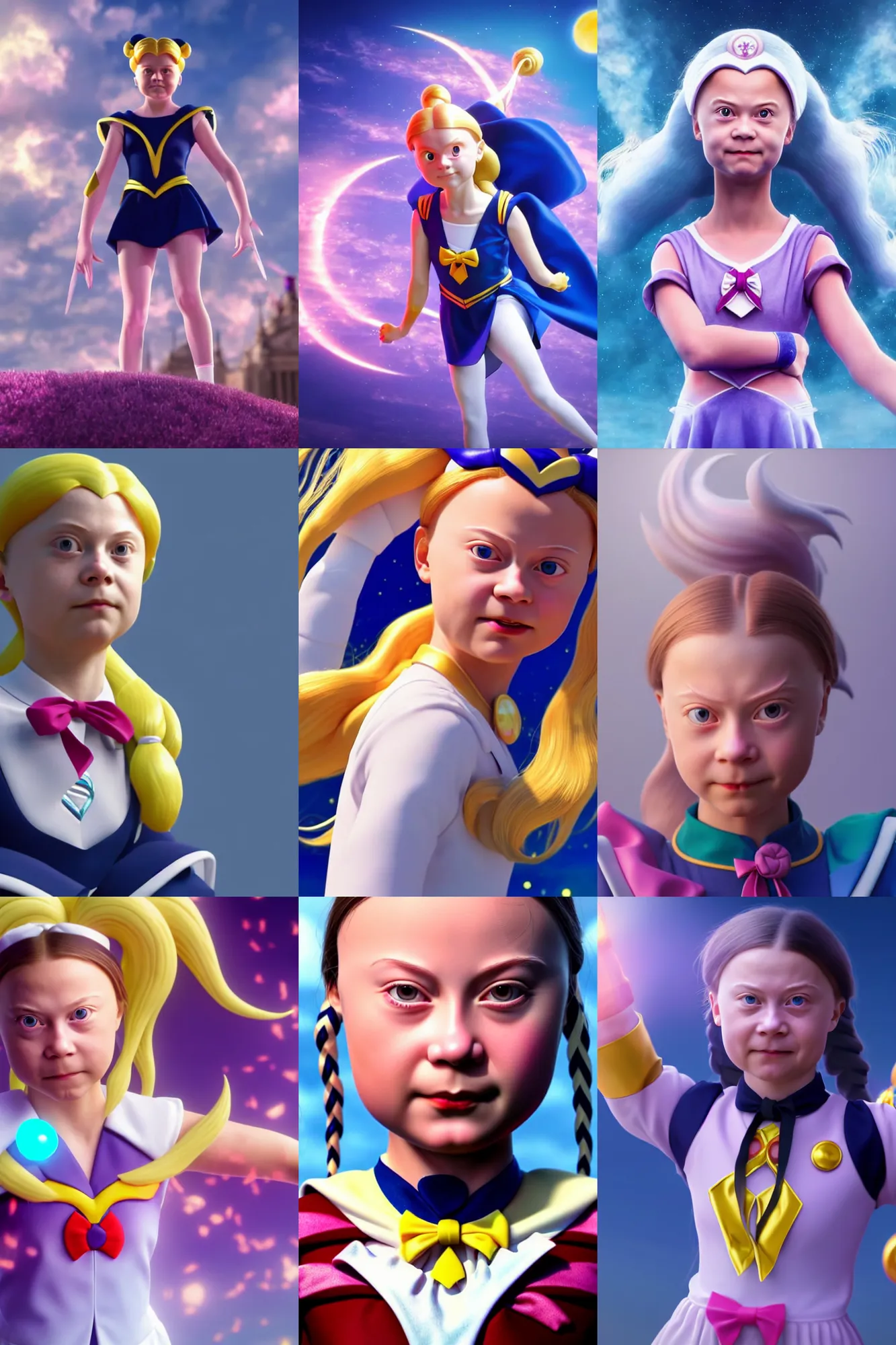 Prompt: Greta Thunberg transforming into Sailor Moon, hyperrealistic and highly detailed, sharp focus and octane render, 8k, volumetric lighting