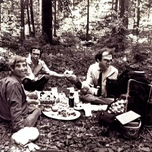 Image similar to ted bundy having a picnic at bohemian grove