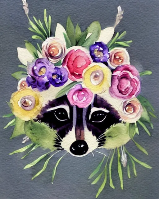 Image similar to a painting of a raccoon wearing a flower crown, a watercolor painting by annabel kidston, a storybook illustration, trending on pinterest, rococo, muted colors, soft, smooth, made of flowers, watercolor, whimsical, white paper, minimalist, simple