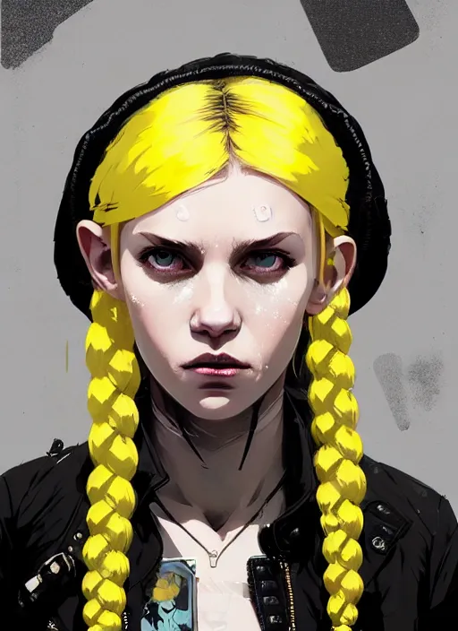 Prompt: highly detailed closeup portrait of a sewer punk pretty swedish female road warrior student, tartan garment, blonde hair pigtails with headband by atey ghailan, by greg rutkowski, by greg tocchini, by james gilleard, by joe fenton, by kaethe butcher, gradient yellow, black, brown and white color scheme, grunge aesthetic!!! white graffiti tag wall background