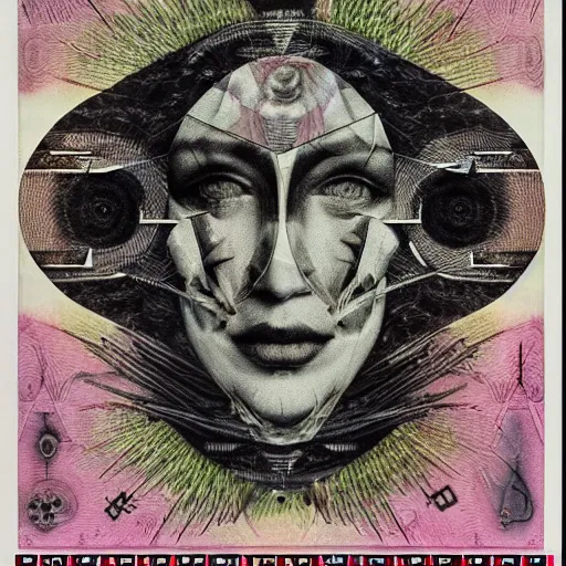 Image similar to post - punk new age album cover, asymmetrical design, frame of a dollar bank notes, capitalism, magic, apocalypse, psychedelic, black white pink, magic, giger h. r., giuseppe arcimboldo