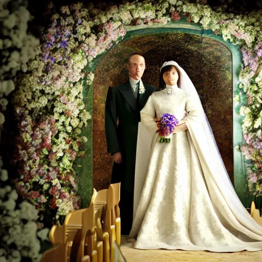 Prompt: A wide full shot, colored Russian and Japanese mix historical fantasy a photograph portrait taken of inside the royal wedding floral covered chapel, photographic portrait, warm lighting, 1907 photo from the official wedding photographer for the royal wedding.