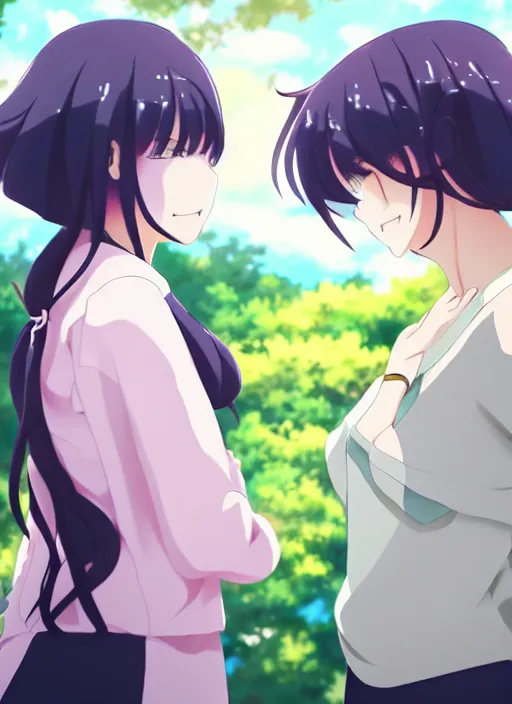 Image similar to two beautiful anime mothers face to face taunting each other, spring clothes, park setting, gorgeous faces, middle shot, smooth, cinematic lighting, detailed anime art