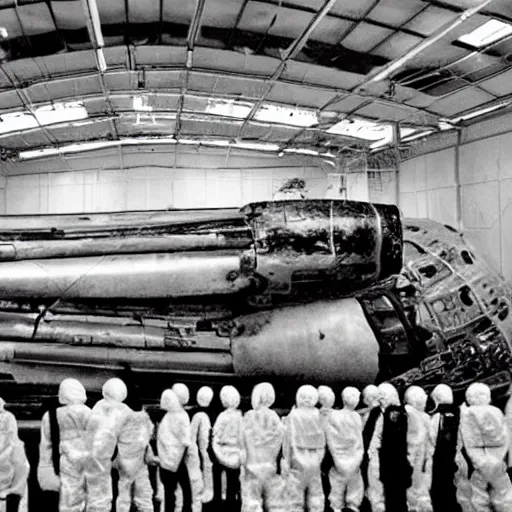 Image similar to dismantled, crashed, ufo spaceship in hanger with people in hazmat suits standing around, grainy, vintage photo, sepia, old photo, realistic, detailed,