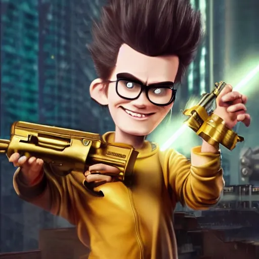 Image similar to hyperrealistic portrait of gothic cyberpunk jimmy neutron holding a golden machine gun, 4 k, highly detailed, beautifully rendered