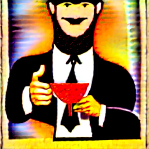 Image similar to a man holding a martini with an otter swimming in it while the otter gives a thumbs up in a 1 9 2 0 s advertisement poster