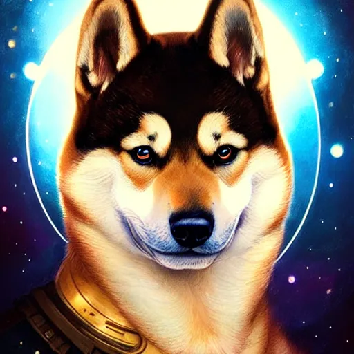 Prompt: Portrait of shiba inu in space, D&D, red eyes, face, dark fantasy, intricate, elegant, highly detailed, digital painting, artstation, concept art, smooth, sharp focus, illustration, art by artgerm and greg rutkowski and alphonse mucha