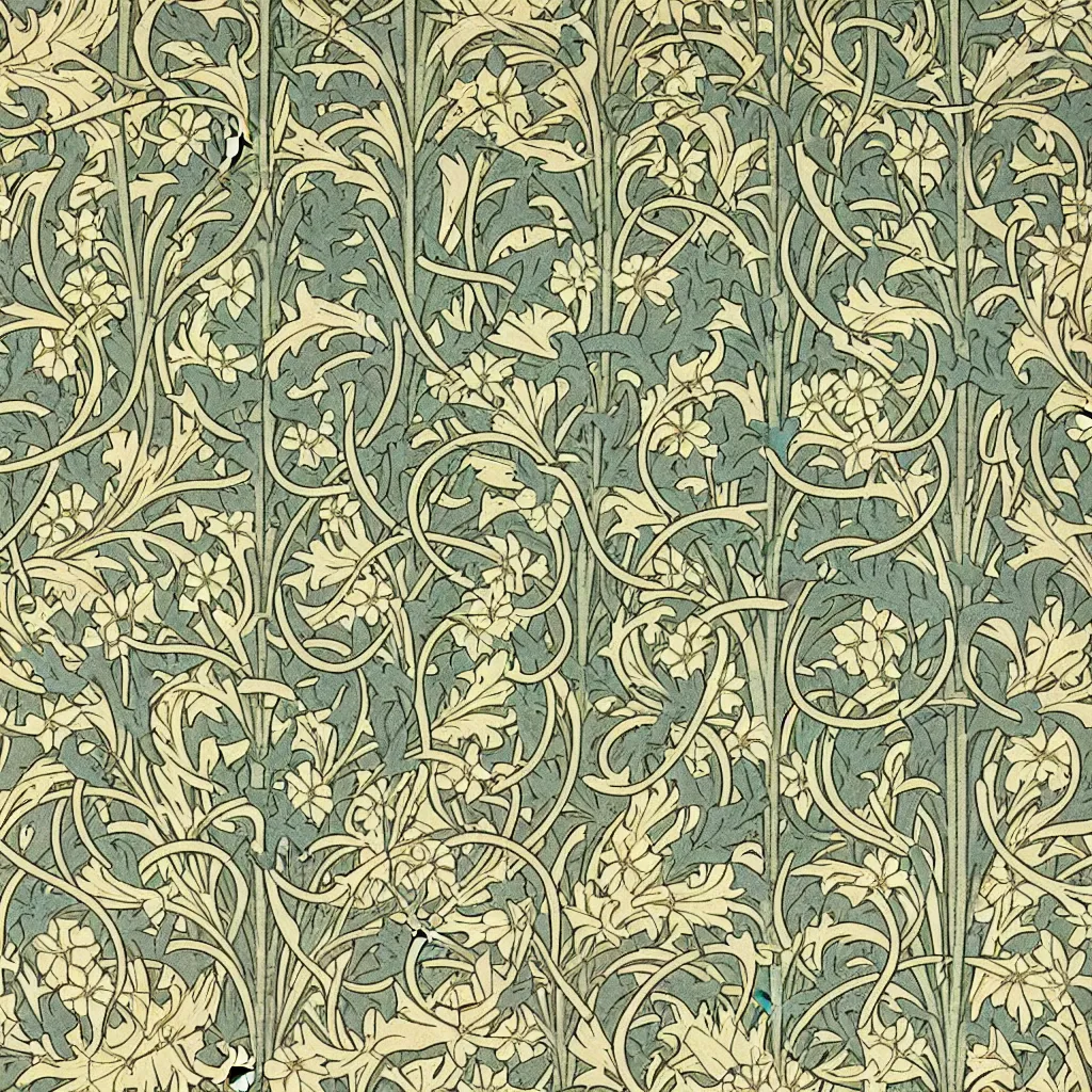 Prompt: a perfectly repeating floral Art Nouveau pattern by William Morris