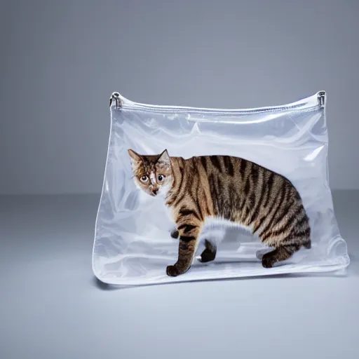 Image similar to photo of a transparent bag full of cats, white background, studio lighting, 4 k, 8 k