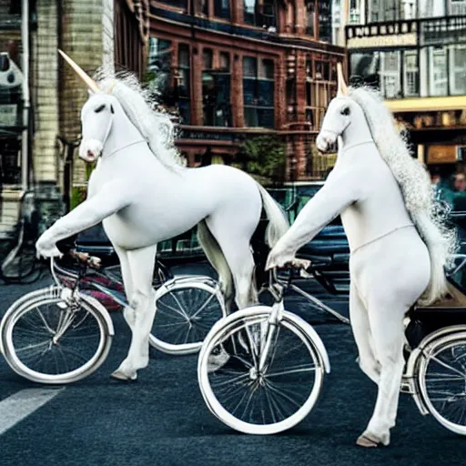 Prompt: two white unicorns riding bikes in city street, photoreal