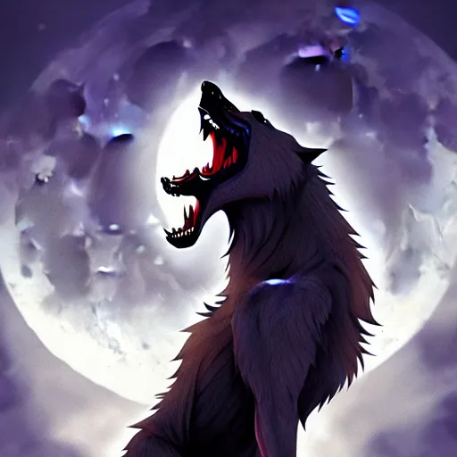 Prompt: werewolf howling at the full moon, side angle, artstation, digital art, dark, highly detailed