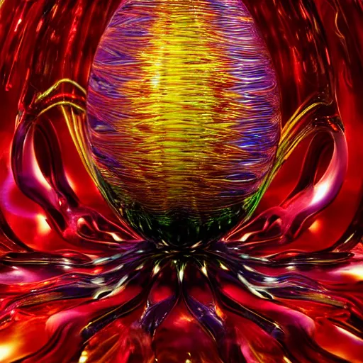 Prompt: portrait of a plasma energy tron murano faberge candy glass egg designed by david chihuly and hr giger. made up of glowing swirling electric pixels. tron world background. photo still by annie liebowitz