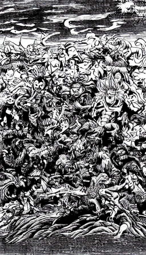 Image similar to man on boat crossing a body of water in hell with creatures in the water, sea of souls, by yoshihiro togashi