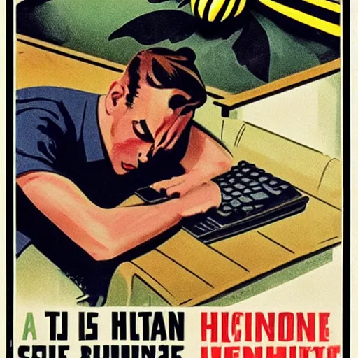 Image similar to a man sleeping at a computer is stung by a bumblebee, ww 2 allied propaganda poster, no text, highly detailed