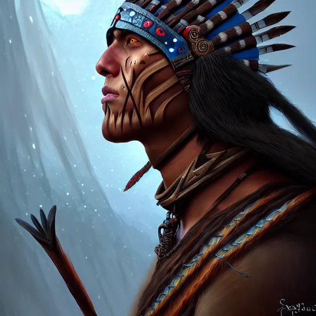 Prompt: epic professional digital art of a medieval north American indigenous Warrior, fantasy art, best on artstation, cgsociety, wlop, cosmic, epic, stunning, gorgeous, much detail, much wow, masterpiece