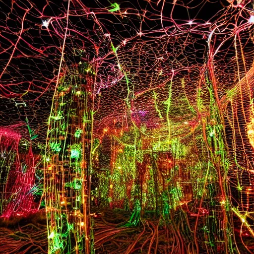 Image similar to a jungle made of wires cables and fiber optics, vines made of glowing wires and cords, electronic inorganic jungle, luminescent