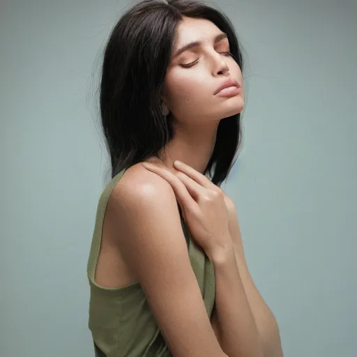 Prompt: Portrait profile photo of a beautiful supermodel, beautiful bone structure, long dark hair, olive skin, eyes closed, natural makeup, studio lighting, highly detailed, cinestill 800t