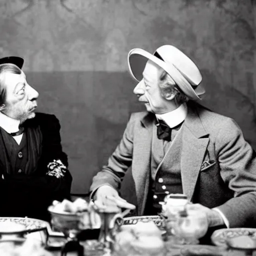 Image similar to jean rochefort and mathieu amalric, symmetric, realistic, realism, early 2 0 th century gentlemen, sitting at coffee table, smoking a cigar. top hat on the table