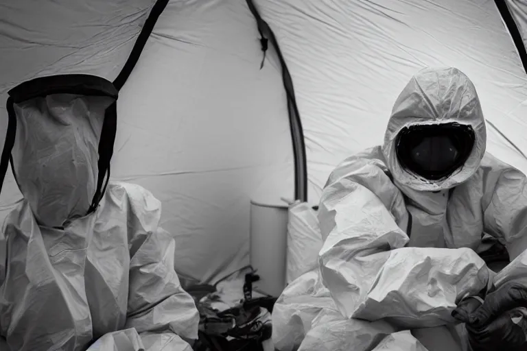 Image similar to man wearing hazmat suit in clean tent. by Roger Deakins