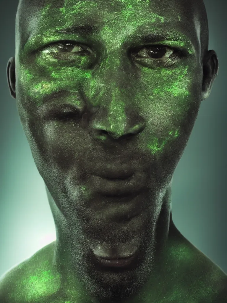 Image similar to selfie of a man, green skin, studio photoshot, 2 eyes, unknown race, cinematic, cosmic background, high quality, cgsociety, artgerm, 4 k, uhd, 5 0 mm, trending on artstation