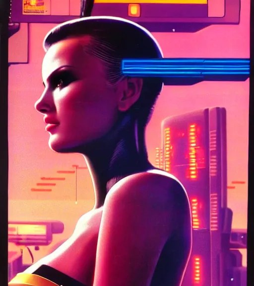 Image similar to cable plugged in, side of head, very very beautiful woman, cyberdeck computer terminal, 1 9 7 9 omni magazine cover, style by vincent di fate, cyberpunk 2 0 7 7, very coherent, detailed, 4 k resolution, unreal engine, daz