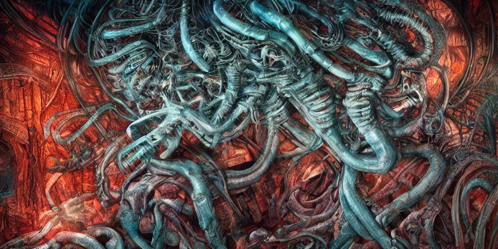 Image similar to dreamscape, giger, vivid colors, colorful, anatomical, highly detailed sculpture, intricate detailed, ommatidia, 8 k, cinematic atmosphere, post - processing