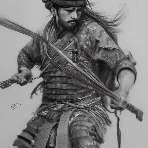 Image similar to Kurdish samurai, detailed charcoal sketch, realistic, incredibly detailed, award winning art, cinematic, extremely high detail, concept art, 4k fantasy art, trending on artstation
