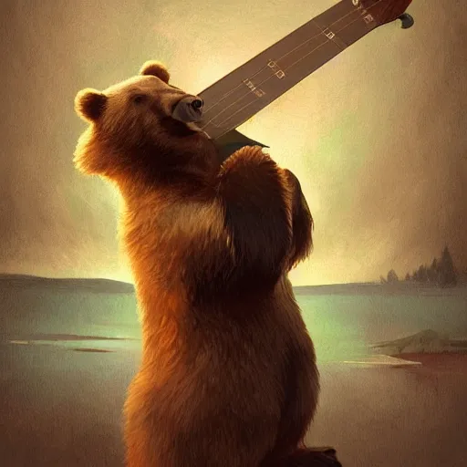 Image similar to realistic bear holding a triangular wooden triangle + guitar sound hole + guitar neck, highly detailed, digital painting, artstation, concept art, smooth, sharp focus, illustration, cinematic lighting, art by artgerm and greg rutkowski and alphonse mucha