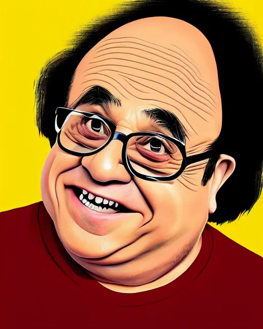 Image similar to painting portrait of danny devito as a ham, cartoon, warm lighting, danny devito has a ham body, danny devito's face on a ham. movie poster, illustration by bartek fedyczak, erak note, tooth wu, neil richards, kan liu, siwoo kim, jisu choe, trending on art station