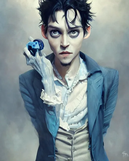Image similar to still film, johnny depp as the clumsy adorable male victor van dort from the corpse bride if made by krenz cushart and wenjun lin, portrait, illustration, rim light, top light, summer clear blue sky, perfectly shaded, soft painting, epic, intricate, art