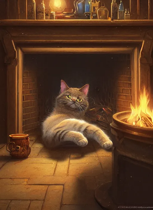 Prompt: highly detailed portrait of a cat sleeping near a fireplace inside a tavern, stephen bliss, unreal engine, greg rutkowski, loish, rhads, beeple, makoto shinkai and lois van baarle, ilya kuvshinov, rossdraws, tom bagshaw, tom whalen, alphonse mucha, global illumination, god rays, detailed and intricate environment