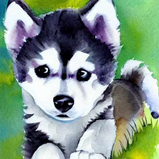 Prompt: cute,adorable,happy,huskie puppy, watercolor