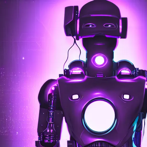 Image similar to hyperrealistic cyberpunk style poster with a robot, purple color theme, dramatic lighting