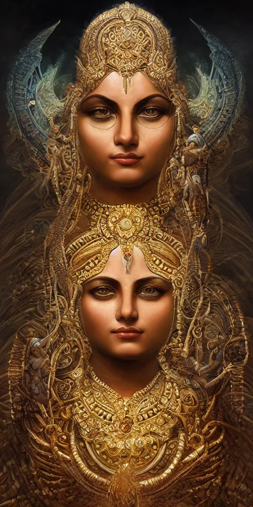 Prompt: goddess of bengal, 3 d model, very coherent symmetrical artwork, unreal engine realistic render, 8 k, micro detail, gold and steel intricate, elegant, highly detailed, digital painting, artstation, smooth, sharp focus, illustration, artgerm, tomasz alen kopera, wlop