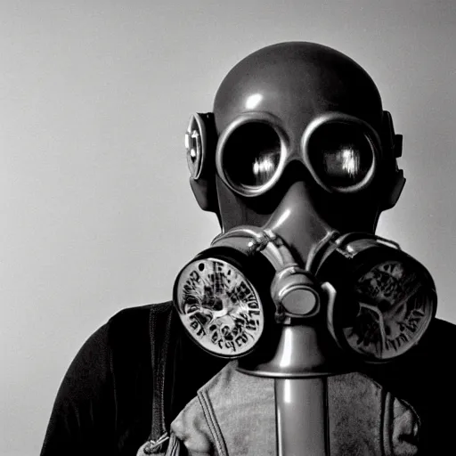 Image similar to portrait of a man with gasmask in the empty room, black & white photo by annie leibovitz