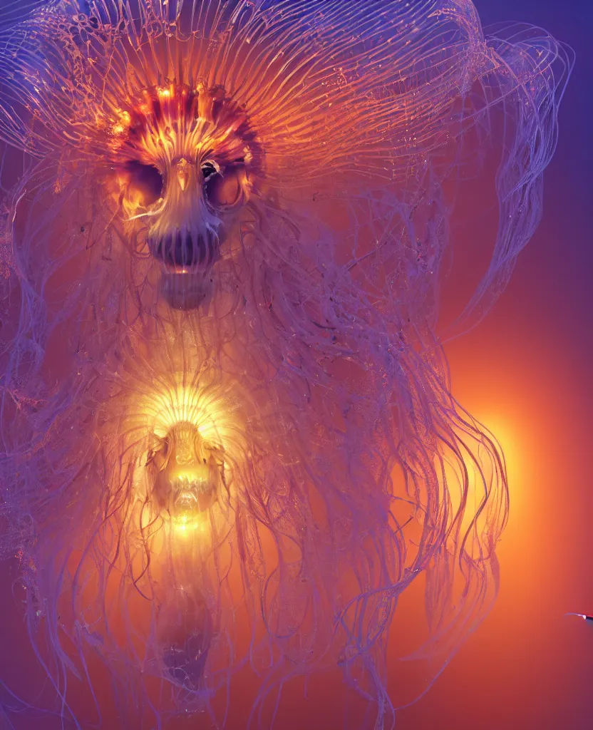 Image similar to close-up portrait of the face of a beautiful princess in a twisted flowers jellyfish mask surrounded by energy flow, epic angle and pose, symmetrical artwork, 3d with depth of field, blurred background, floating jellyfish skull phoenix bird, translucent, nautilus, energy flows of water and fire. a highly detailed epic cinematic concept art CG render. made in Maya, Blender and Photoshop, octane render, excellent composition, cinematic dystopian brutalist atmosphere, dynamic dramatic cinematic lighting, aesthetic, very inspirational, arthouse. y Greg Rutkowski, Ilya Kuvshinov, WLOP, Stanley Artgerm Lau, Ruan Jia and Fenghua Zhong