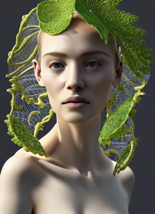 Image similar to complex 3d render ultra detailed of a beautiful porcelain profile young woman face, biomechanical cyborg, 150 mm lens, beautiful studio soft light, rim light, lemon details, big leaves and stems, roots, fine foliage lace, mesh wire, Alexander Mcqueen high fashion haute couture, art nouveau fashion embroidered, intricate details, hyper realistic, ultra detailed, mandelbrot fractal, anatomical, facial muscles, cable wires, microchip, elegant, octane render, H.R. Giger style, black eyes, plump lips, brown skin, volumetric lighting, 8k post-production, trending on Artstation