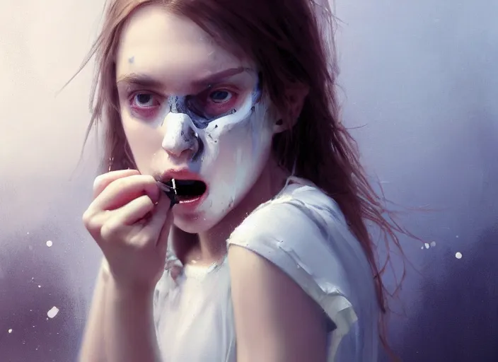 Image similar to close up picture of a white dress girl chasing from grim reaper, holding a little knife, hard breathing, messy hair, messy lines, scared face, beautiful and aesthetic and attractive and detailed face, dramatic situation, specular reflection, occlusion shadow, intricate, bokeh, masterpiece, by ilya kuvshinov and jeremy lipking and quentin mabille