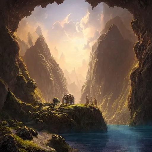 Prompt: A beautiful hyper realistic detailed matte painting of the entrance to a dungeon of the gods at the base of an ancient mountain, dramatic lighting, dynamic lighting, cinematic lighting, lit by morning light, by Raphael Lacoste and John Howe and Andreas Rocha, unreal engine, featured on artstation, ultrawide angle, f8, polarizer filter, lava, magma.