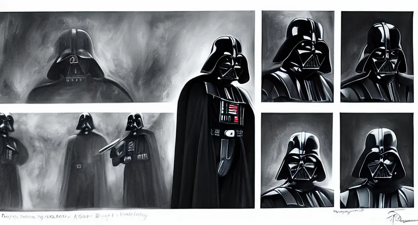 Prompt: darth vader facing away from the camera full body shot concept art by Doug Chiang, cinematic,