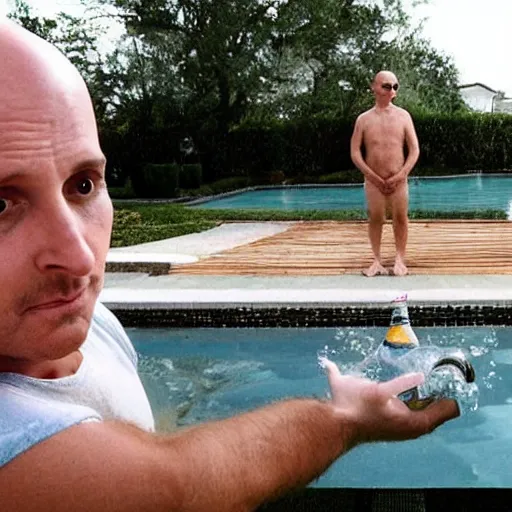 Prompt: bald emilio estevez standing in the water of a pool next to a house with a bottle of champain in the hands