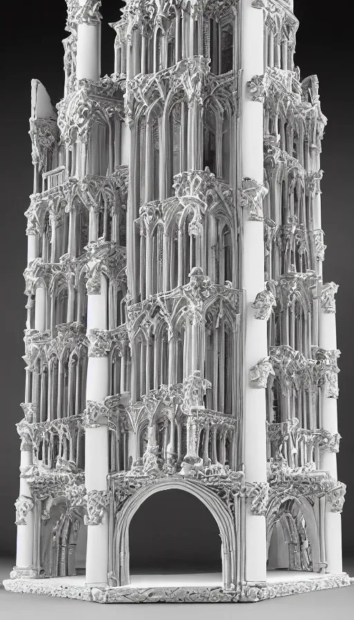 Prompt: a stunningly detailed architectural model of a colonnade courtyard with rusticated shiny white arches that looks like a gothic cathedral. A diorama on display in a museum vitrine. Transparent glowing gills. Neon effect. The interior looks like heaven, awe, wow, highly detailed, product photography, well lit, 8k